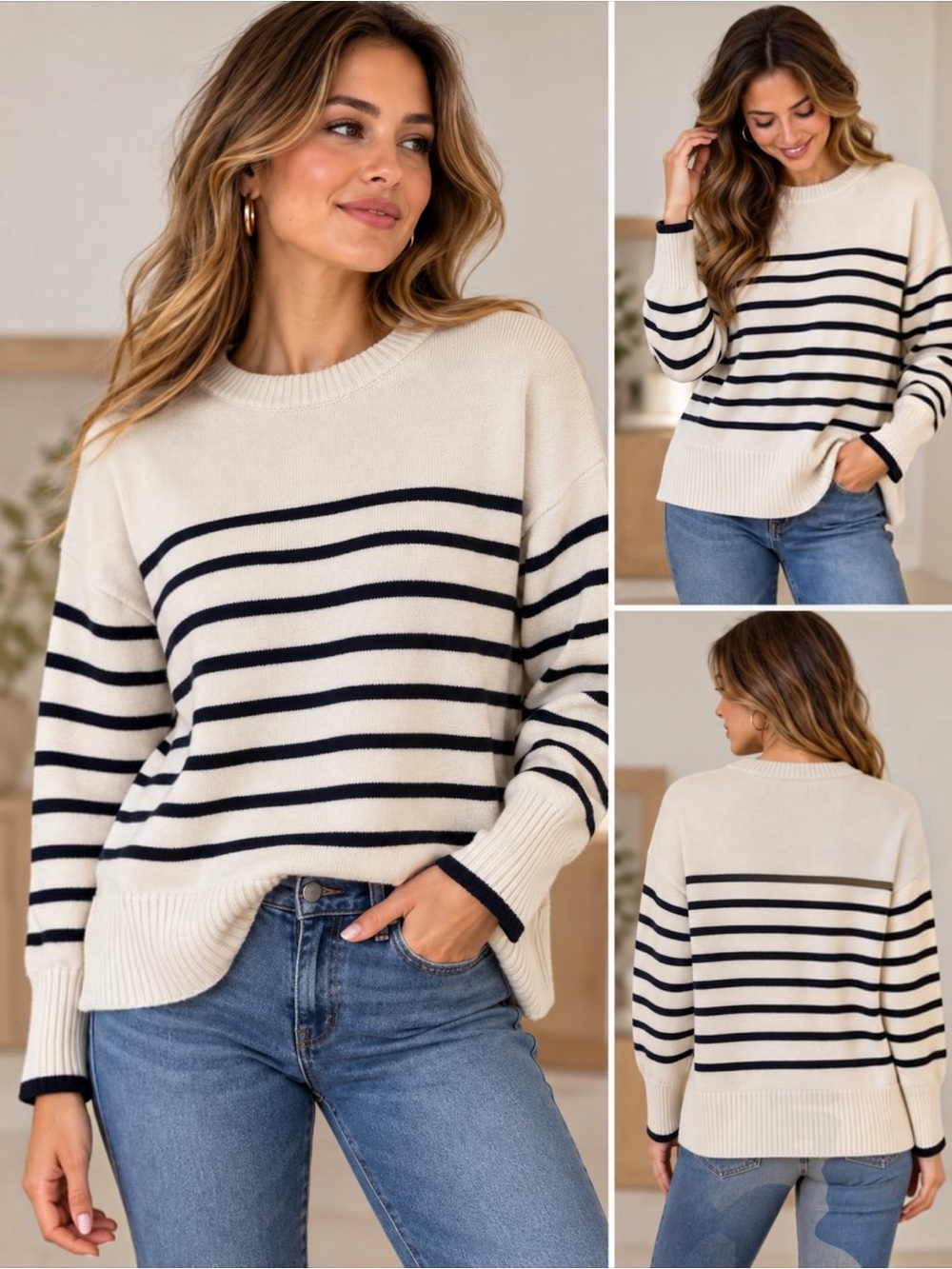 Philosophy Republic Clothing Women L Striped Knit Pullover Sweater Ivory Navy